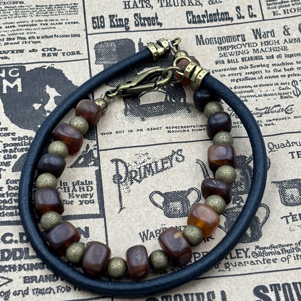 Brown and Gold Beaded Bracelet with Black Leather